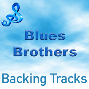 An artistic representation of "Blues Brothers" with musical notes on a blue sky background, featuring the text "Backing Tracks" at the bottom.