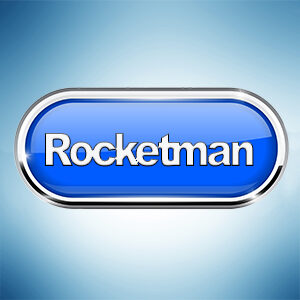 A glossy blue button with the word "Rocketman" inscribed in the centre, set against a light blue background.