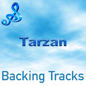 A vibrant blue background featuring the title "Tarzan" in bold letters and a musical note symbol, accompanied by the text "Backing Tracks" at the bottom.