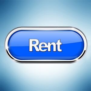 A shiny blue button featuring the word "Rent" in bold white letters, set against a gradient background.