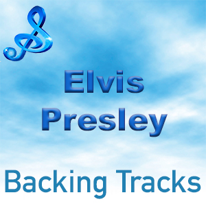 Blue treble clef icon with text "Elvis Presley Backing Tracks" against a cloud-filled sky background.