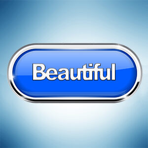 A glossy blue button with the word "Beautiful" inscribed in the centre, set against a light blue background.