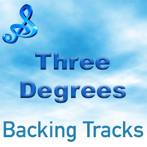 Logo of "Three Degrees Backing Tracks" with a treble clef symbol against a cloudy blue sky background