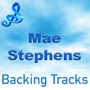 Graphic with a musical note and text "Mae Stephens Backing Tracks" set against a blue sky background.