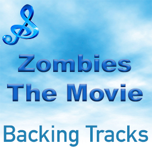 Blue cloudy sky backdrop with a musical note symbol above the text "Zombies The Movie Backing Tracks".