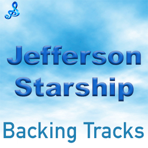 Alt text: Logo with "Jefferson Starship Backing Tracks" over a blue cloudy sky background with a musical note and treble clef symbol intertwined at the top left corner.