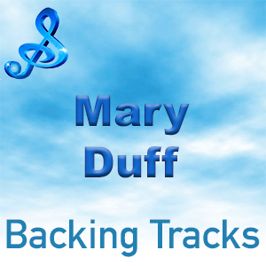 Graphic design for "Mary Duff Backing Tracks" featuring a blue treble clef and the text "Mary Duff Backing Tracks" against a cloudy sky background.