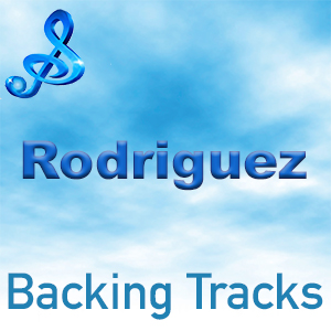 A blue treble clef against a cloudy sky background with the text "Rodriguez Backing Tracks"