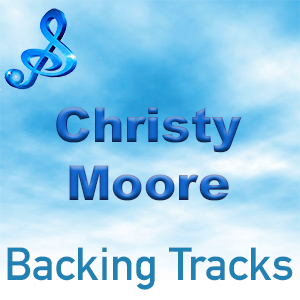 A blue clef symbol with the text "Christy Moore Backing Tracks" against a cloudy blue sky background.