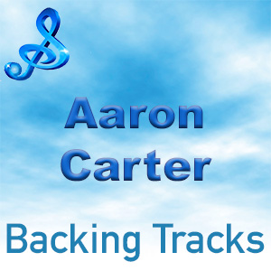 A graphic with text "Aaron Carter Backing Tracks" over a cloudy sky background with a musical note symbol.