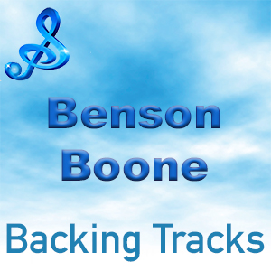 A graphic with musical note and text 'Benson Boone Backing Tracks' against a blue cloudy sky background.