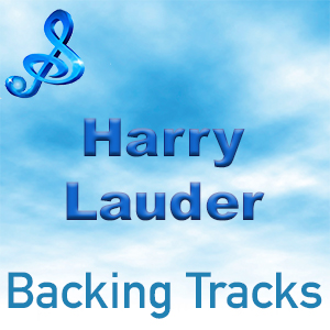 Blue treble clef icon above the text "Harry Lauder Backing Tracks" with a cloudy sky background