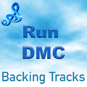 Logo and text "Run DMC Backing Tracks" over a blue sky with clouds background.