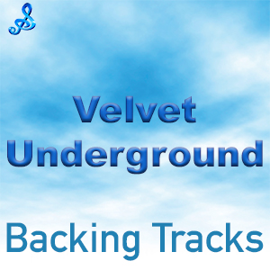 A graphic with text "Velvet Underground Backing Tracks" over a cloudy sky background with a musical note symbol.